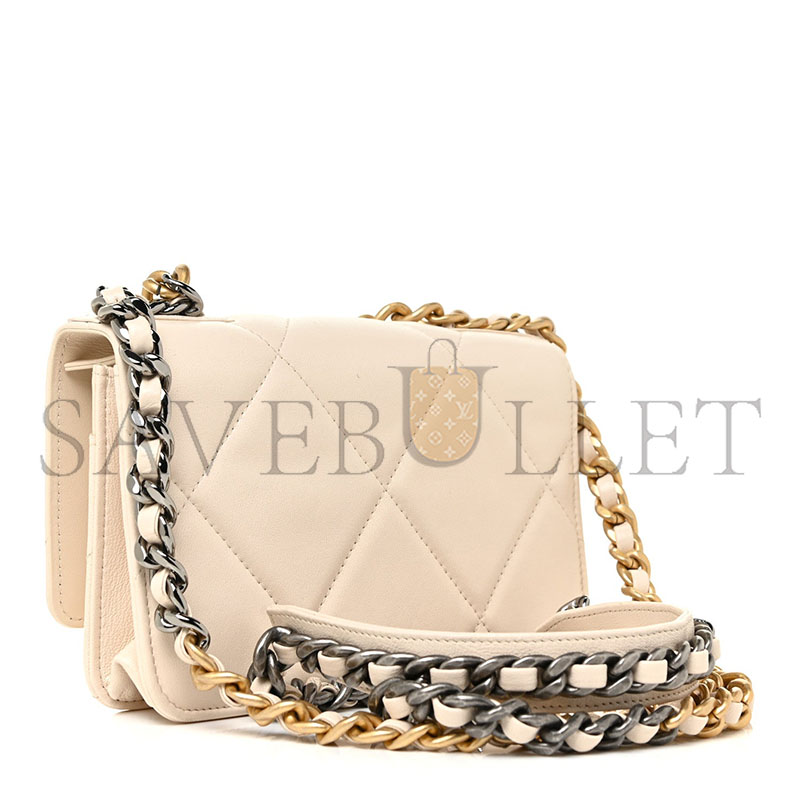 CHANEL GOATSKIN QUILTED 19 WALLET ON CHAIN WOC LIGHT BEIGE (19*12*4cm) 